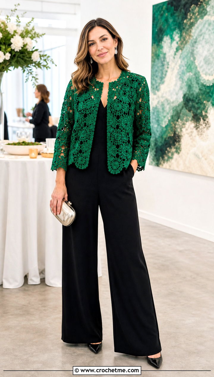 Crochet Motif Jacket With Black Jumpsuit - 30 vintage crochet clothes and outfit ideas