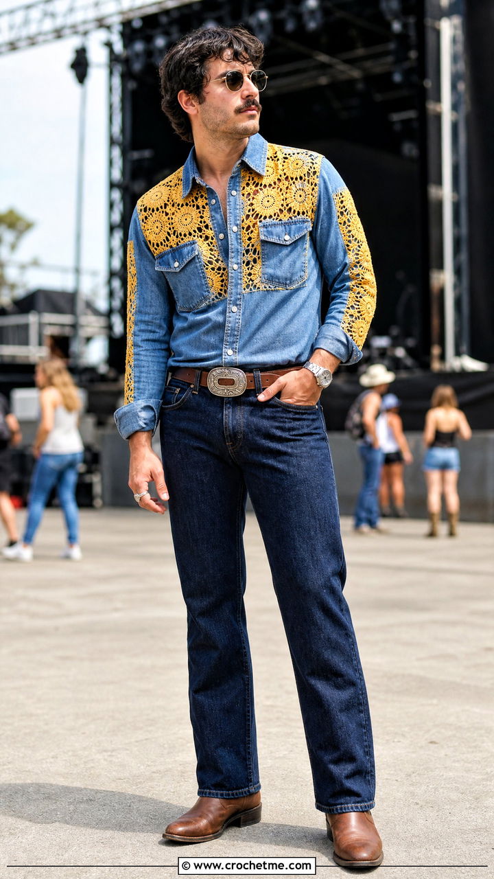 Crochet Motif Panel Shirt With Western Denim - 35 mens crochet shirt outfit ideas