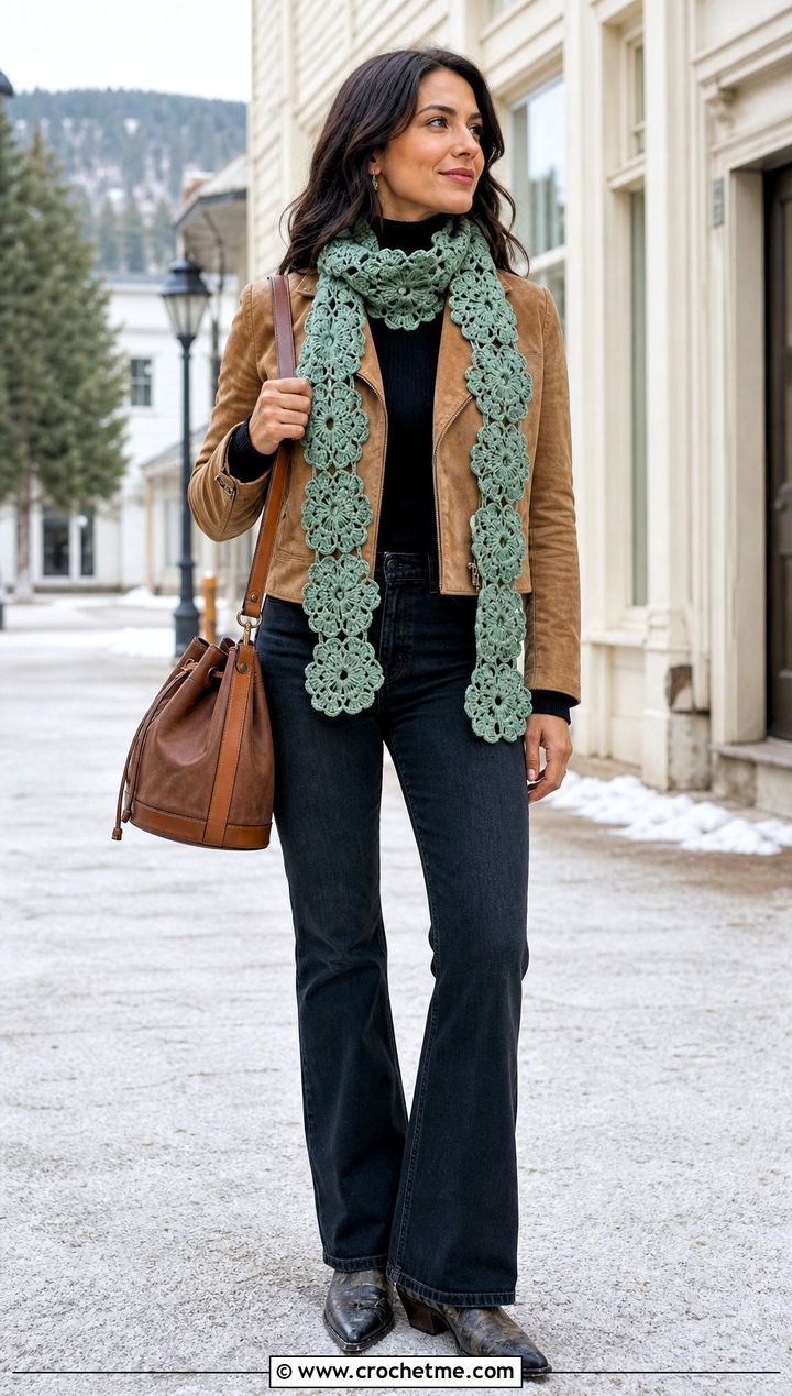 Crochet Motif Scarf With Suede Jacket - 35 Winter Crochet Scarfs For Women outfit ideas