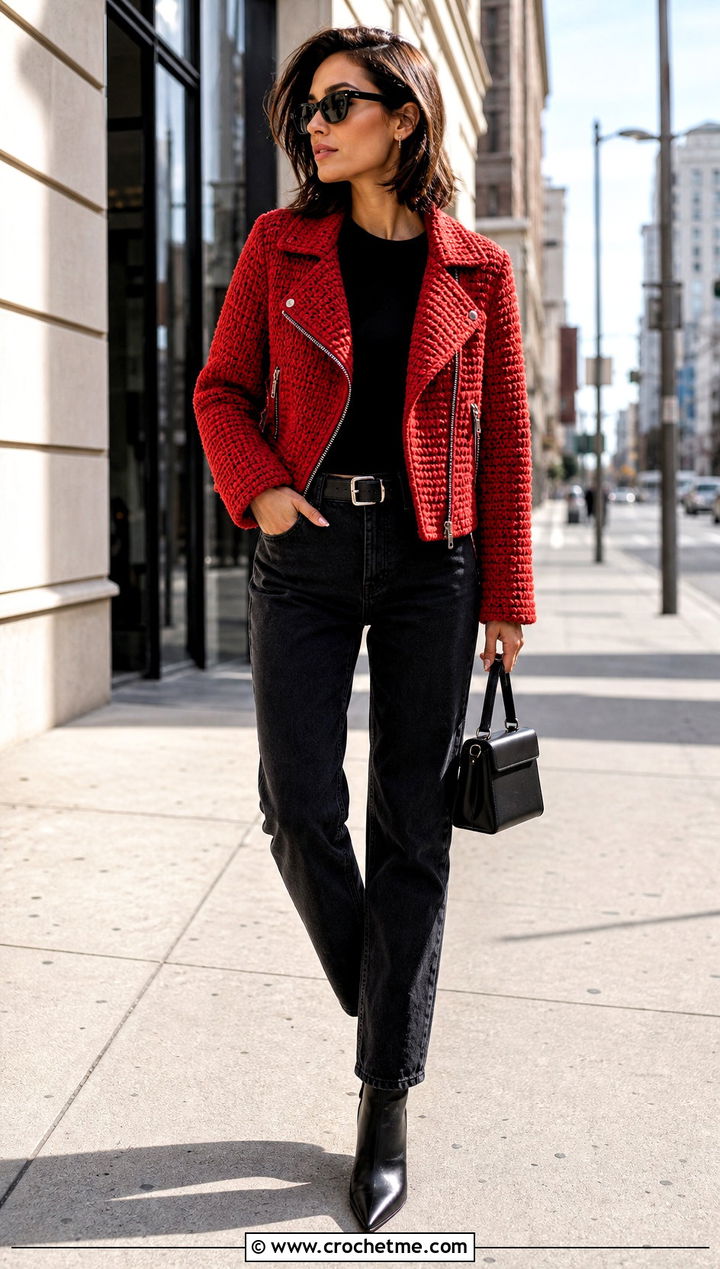 Crochet Moto Jacket With Black Jeans - 15 crochet vest coats & jackets outfit ideas