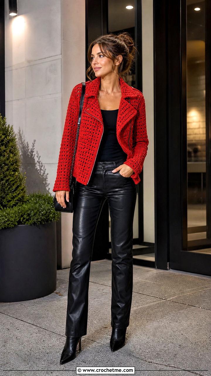 Crochet Moto Jacket With Leather Pants - 35 easy crochet jacket outfit ideas