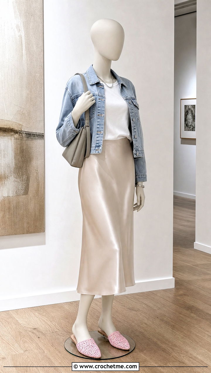 Crochet Mule Slip Ons With Satin Midi Skirt - 15 crochet slip-on shoes on mannequin outfit ideas