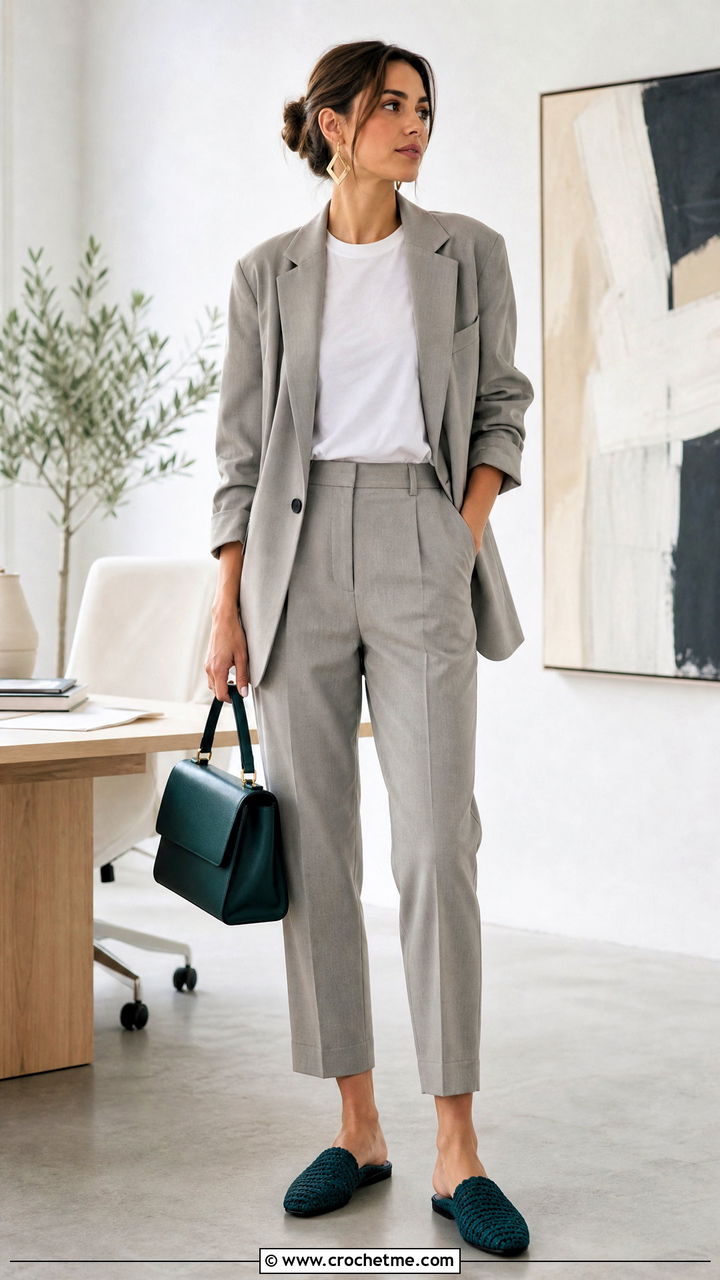 Crochet Mule Slippers With A Blazer And Trousers - 35 crochet slipper outfit ideas