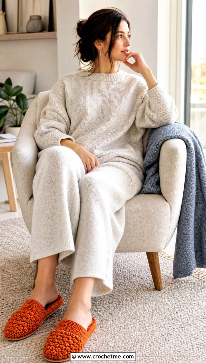 Crochet Mule Slippers With A Knit Lounge Set - 25 crochet winter slippers outfit ideas