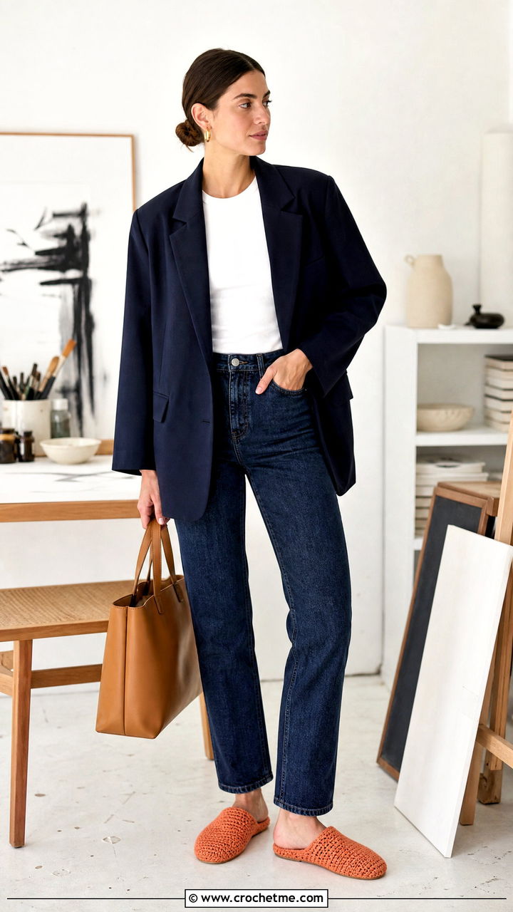 Crochet Mule Slippers With Jeans And Blazer - 35 crochet slippers outfit ideas
