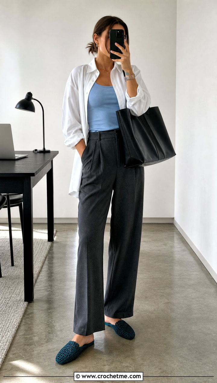 Crochet Mule Slippers With Tailored Trousers - 20 Women's Crochet Slippers For Women outfit ideas