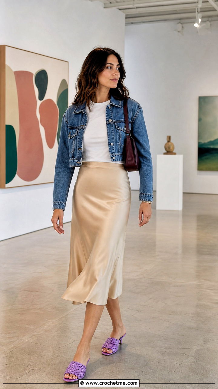 Crochet Mules With A Satin Midi Skirt - 35 crochet shoes outfit ideas