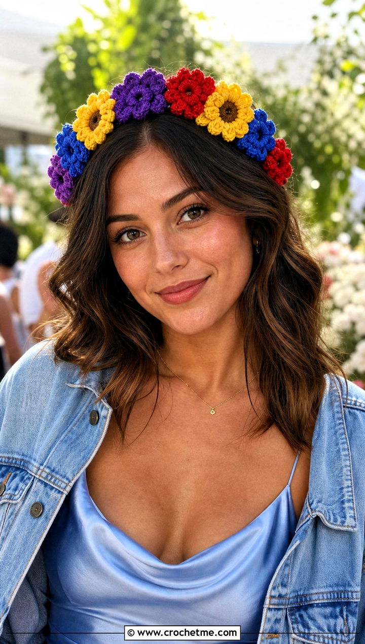 Crochet Multicolor Flower Crown Headband With Slip Dress - 15 crochet flower headband and clip outfit ideas