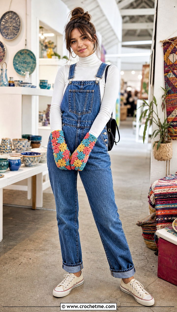 Crochet Multicolor Star Gloves With Denim Overalls - 35 crochet star gloves outfit ideas