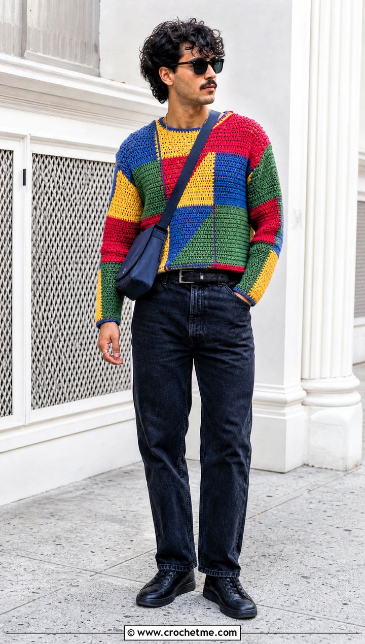 Crochet Multicolor Sweater With Washed Black Jeans - 30 Easy Crochet Mens Sweater outfit ideas