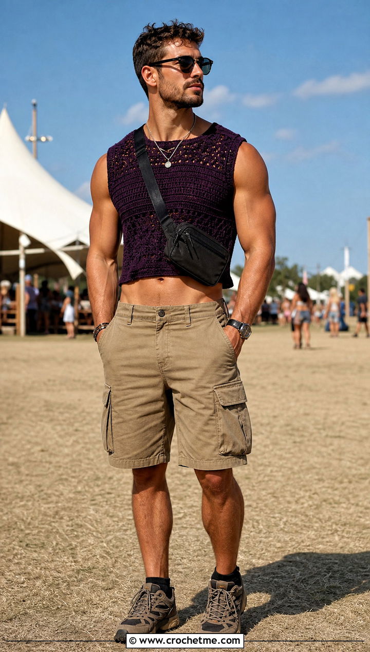 Crochet Muscle Crop Top With Cargo Shorts - 25 Men Crochet Crop Top outfit ideas