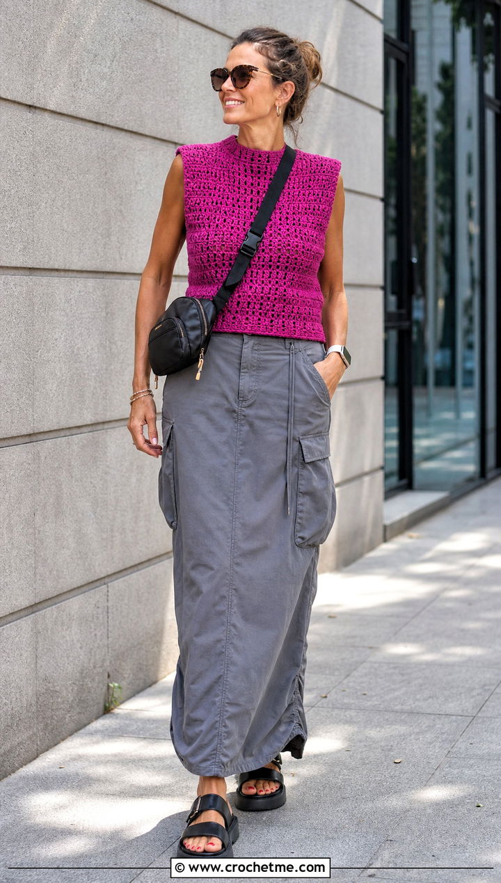 Crochet Muscle Tank With Cargo Maxi Skirt - 35 Crocheted Summer Tops outfit ideas