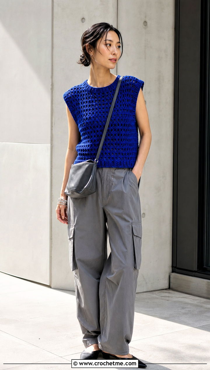 Crochet Muscle Tee With Cargo Trousers - 35 Elegant Crochet Top outfit ideas