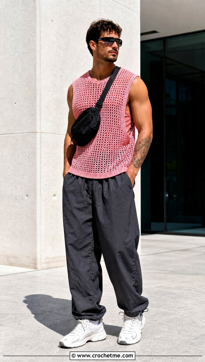 Crochet Muscle Tee With Parachute Pants - 35 crochet mens clothes and outfit ideas