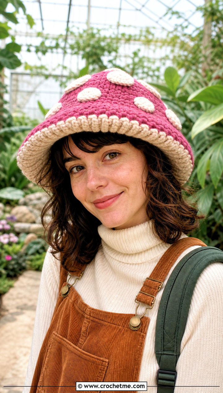 Crochet Mushroom Amigurumi Hat With Corduroy Overalls - 30 crochet amigurumi hat outfit ideas