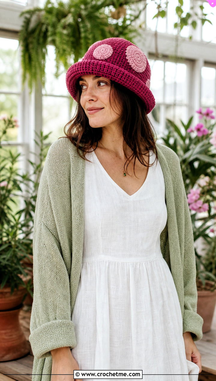 Crochet Mushroom Cap Hat With Linen Dress - 20 Crochet Character Hat outfit ideas