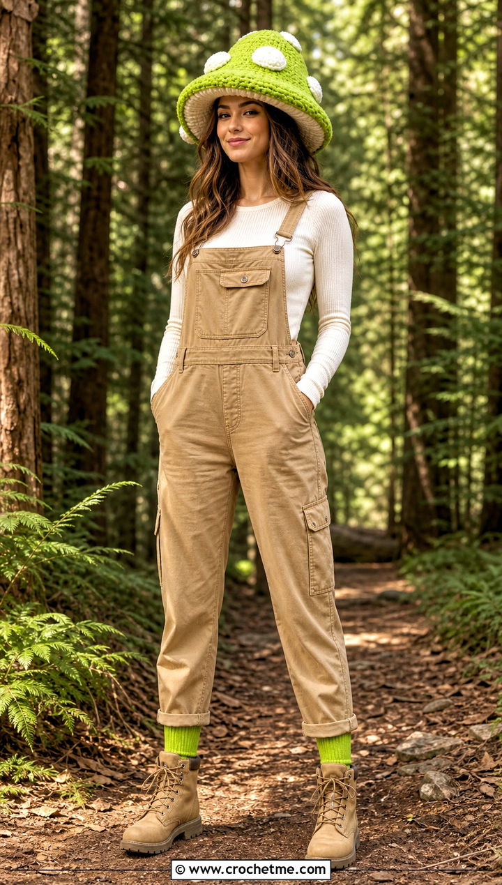 Crochet Mushroom Hat Forest Costume With Utility Overalls - 15 Crochet Costume outfit ideas