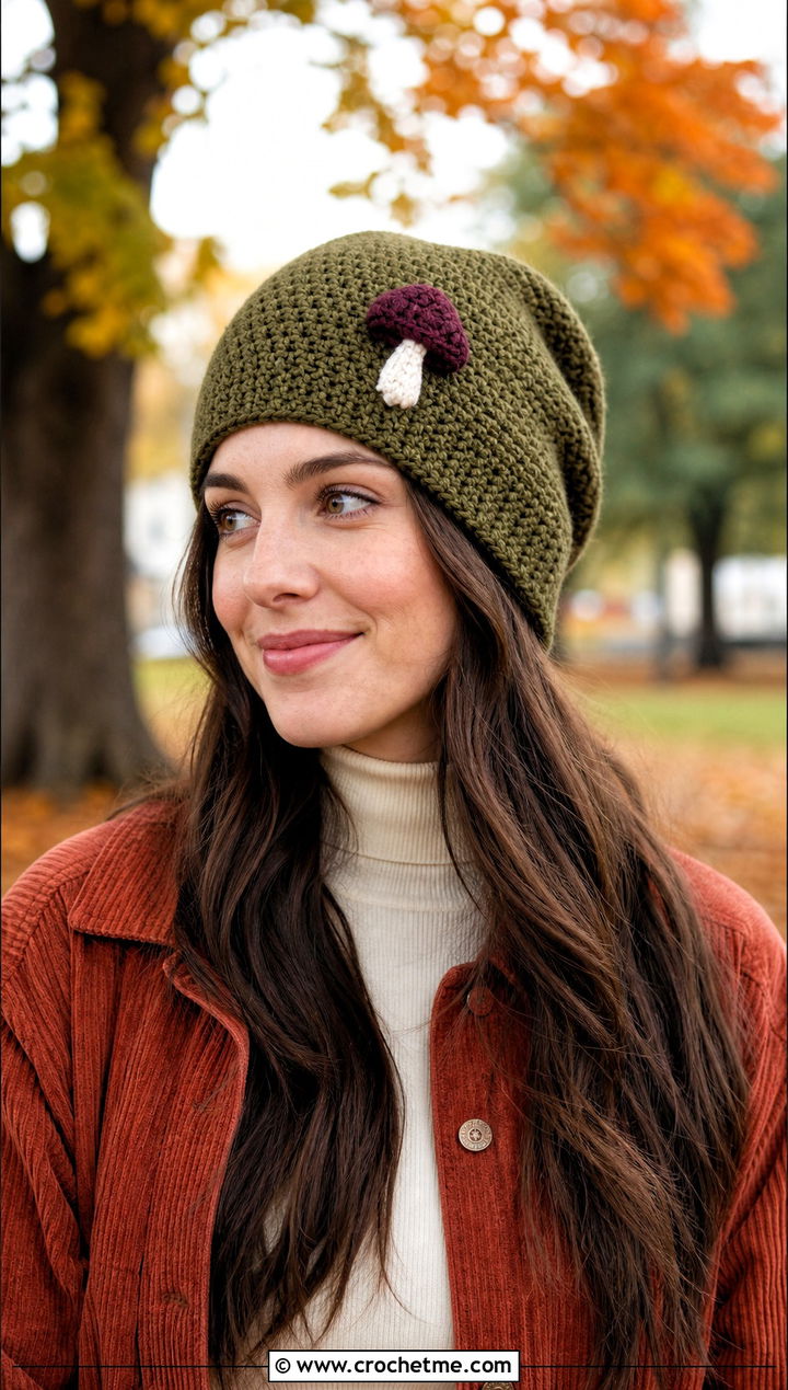 Crochet Mushroom Hat Topper With Corduroy Outfit - 20 Crochet Hat Toppers Ideas