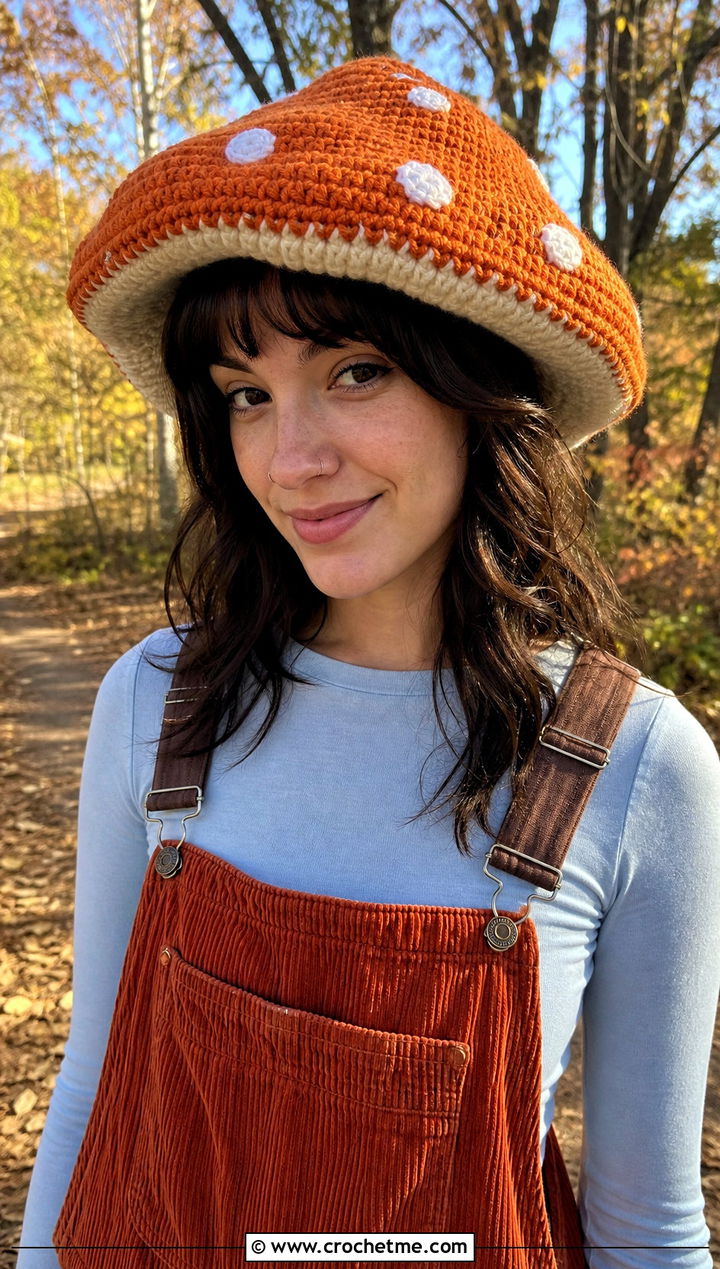 Crochet Mushroom Hat With Corduroy Overalls And Boots - 25 Crochet Silly Hats outfit ideas