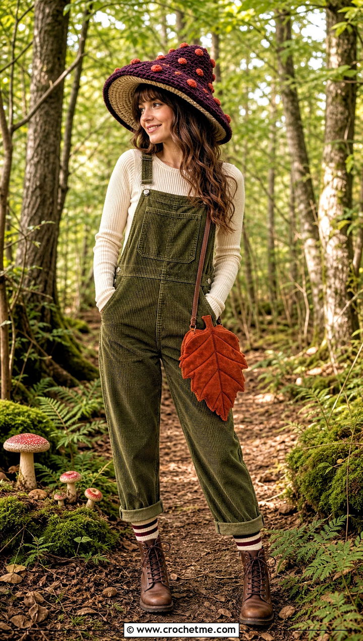 Crochet Mushroom Hat With Corduroy Overalls - 35 Crochet Halloween Costume Women outfit ideas