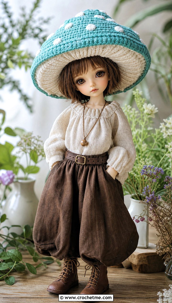 Crochet Mushroom Hat With Linen Blouse And Skirt Pants - 35 crochet hat for doll outfit ideas