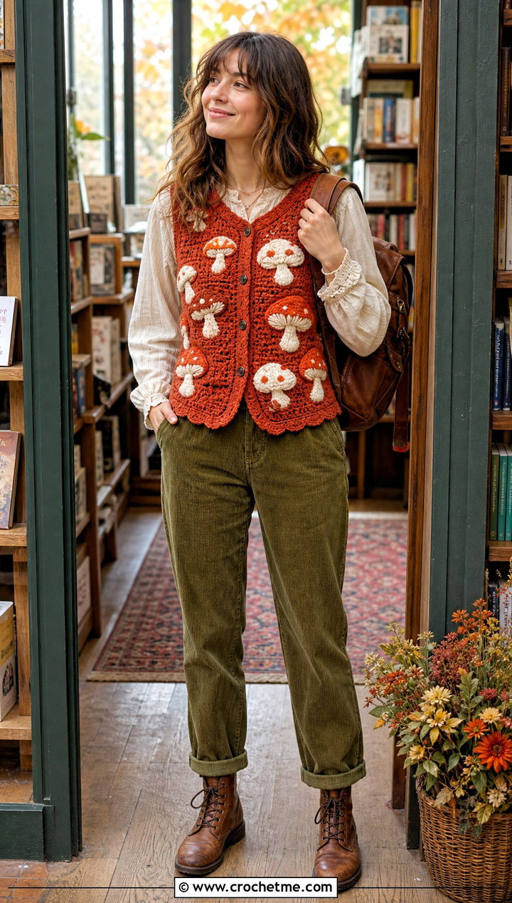 Crochet Mushroom Vest With Corduroy Pants - 25 Fantasy Crochet Clothing and outfit ideas