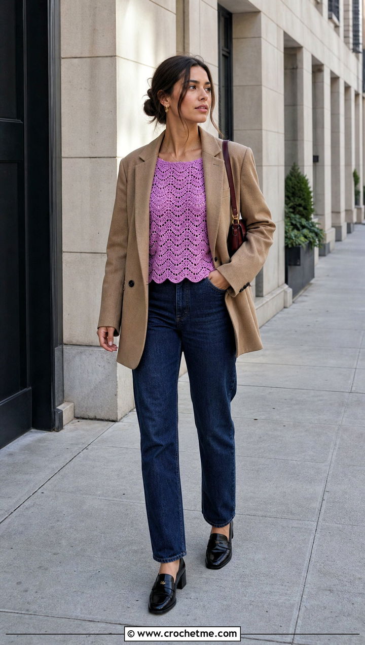 Crochet Nalu Top With A Blazer And Jeans - 30 Crochet Nalu Top outfit ideas
