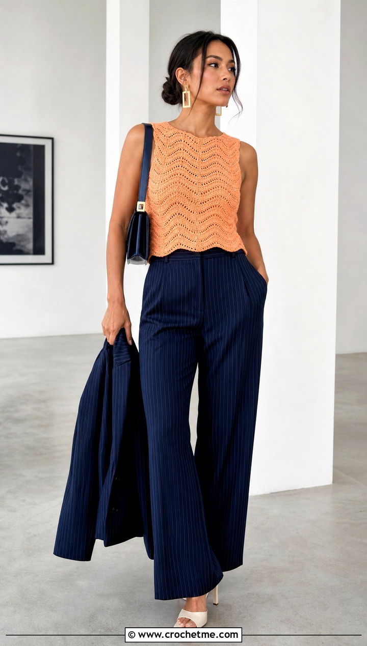 Crochet Nalu Top With Pinstripe Pants - 30 Crochet Nalu Top outfit ideas