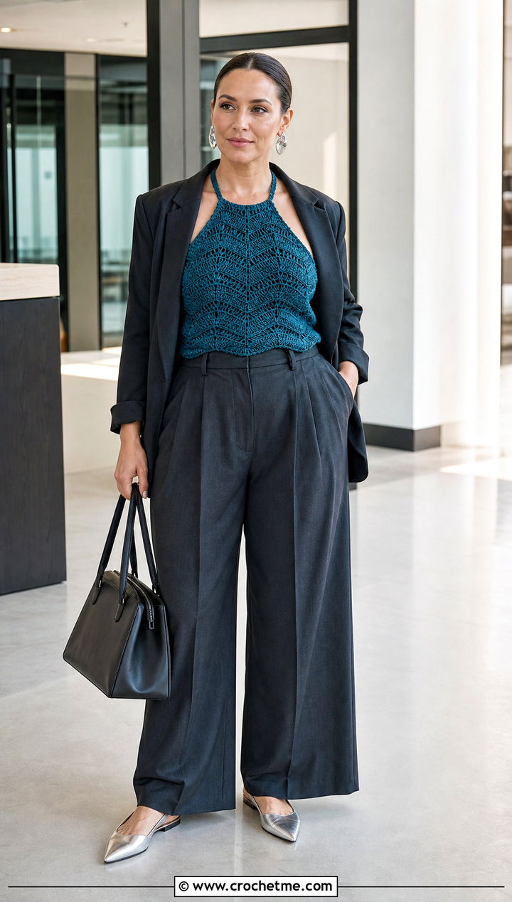 Crochet Nalu Top With Tailored Trousers - 30 Crochet Nalu Top outfit ideas