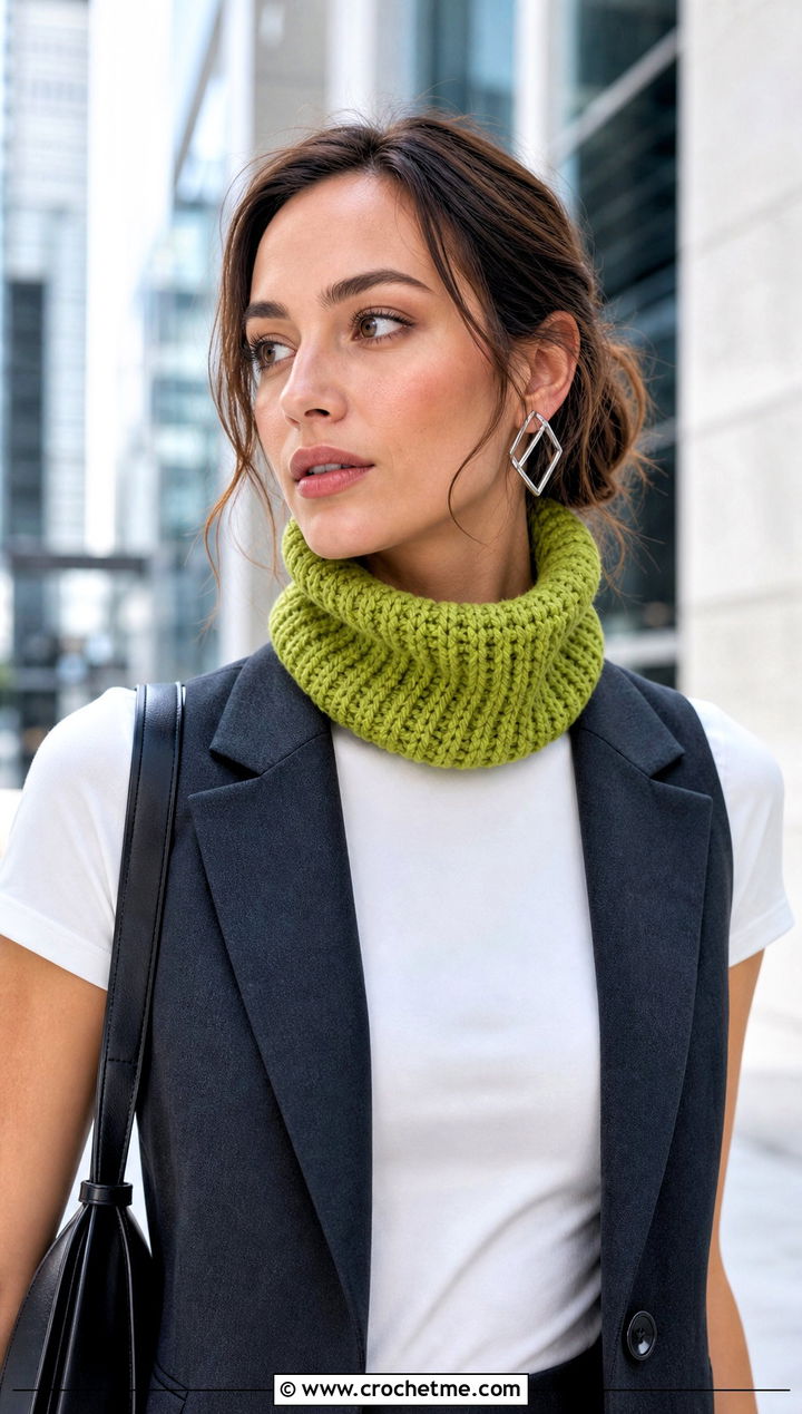 Crochet Neck Warmer Scarf With Suit Vest And Trousers - 35 fun crochet scarf outfit ideas