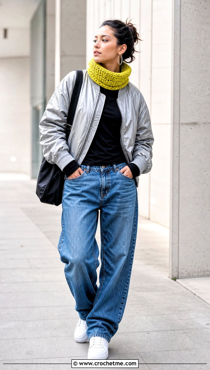 Crochet Neck Warmer With Bomber Jacket And Jeans - 35 easy crochet scarf for beginners outfit ideas