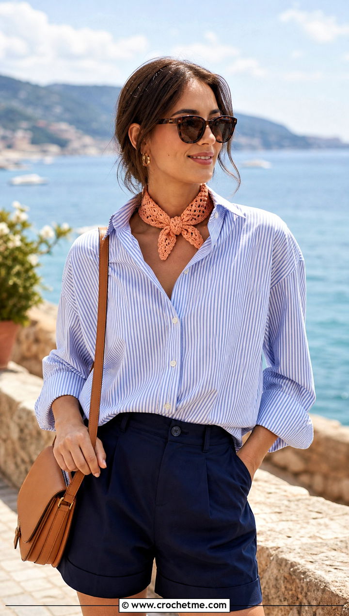 Crochet Neckerchief Scarf With Button Down Shirt And Bermuda Shorts - 25 pretty crochet scarf outfit ideas