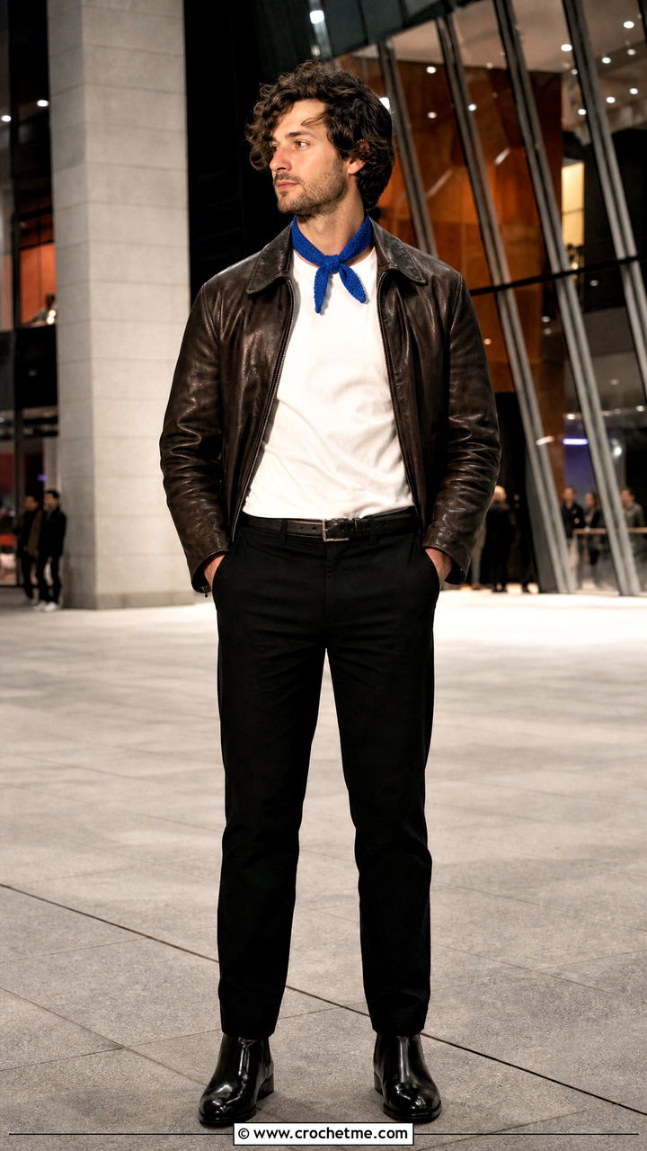 Crochet Neckerchief With Leather Jacket - 35 crochet outfits for men outfit ideas