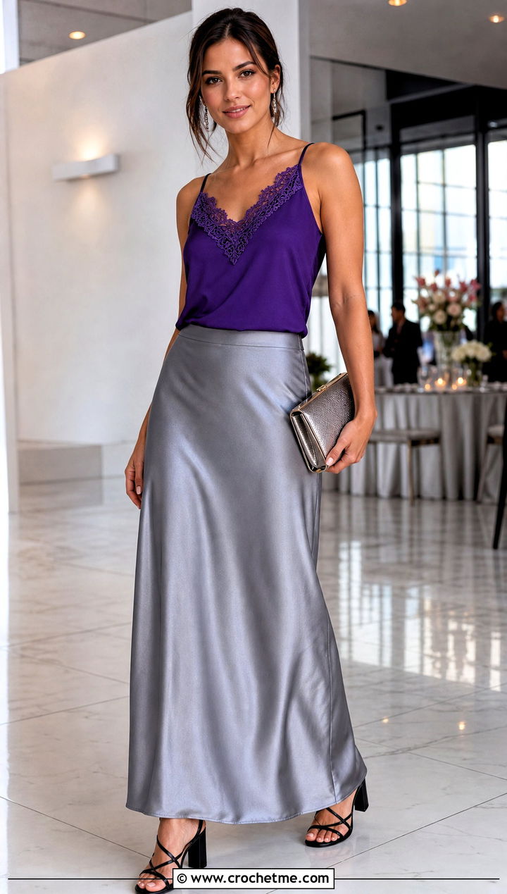 Crochet Neckline Camisole With Satin Maxi Skirt - 30 crochet trim top outfit ideas