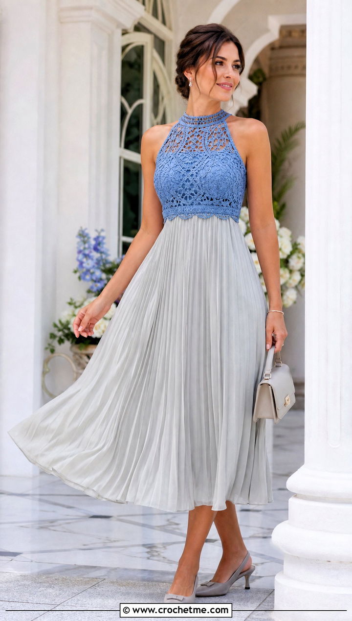 Crochet Neckline Pleated Dress With Kitten Heels - 25 crochet and fabric dress outfit ideas