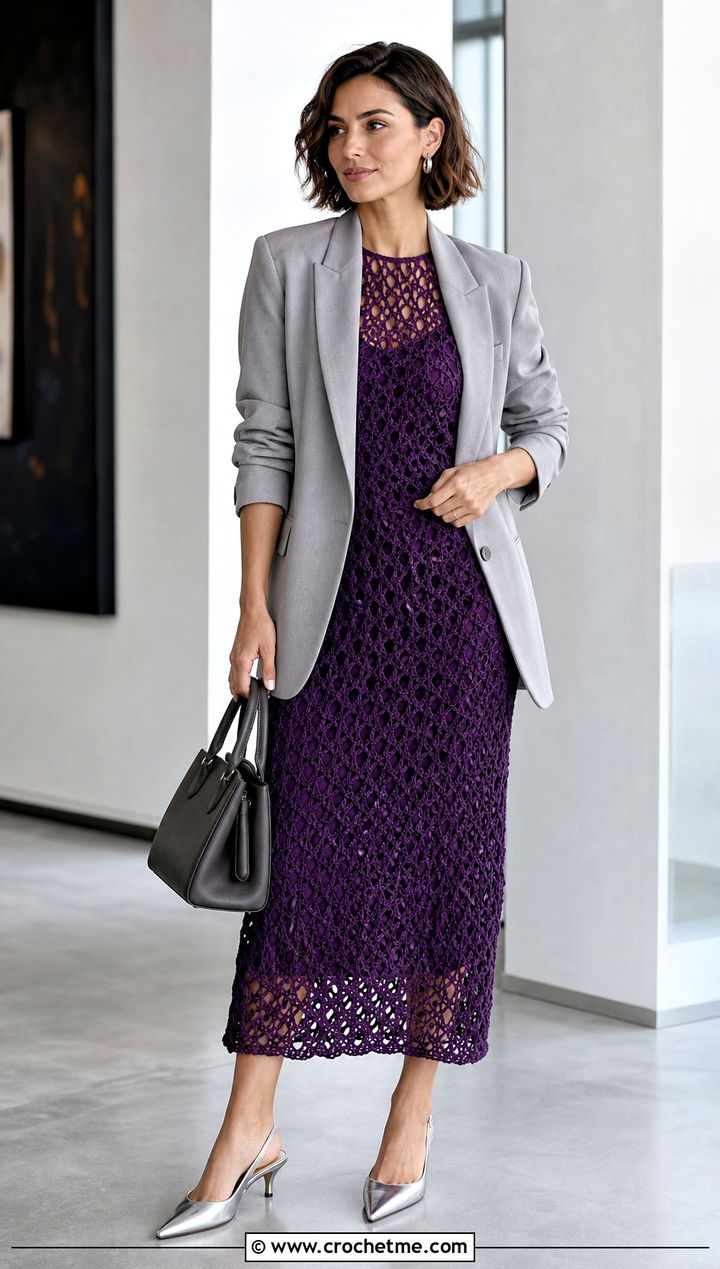 Crochet Net Midi Dress With Blazer - 25 crochet net dress outfit ideas