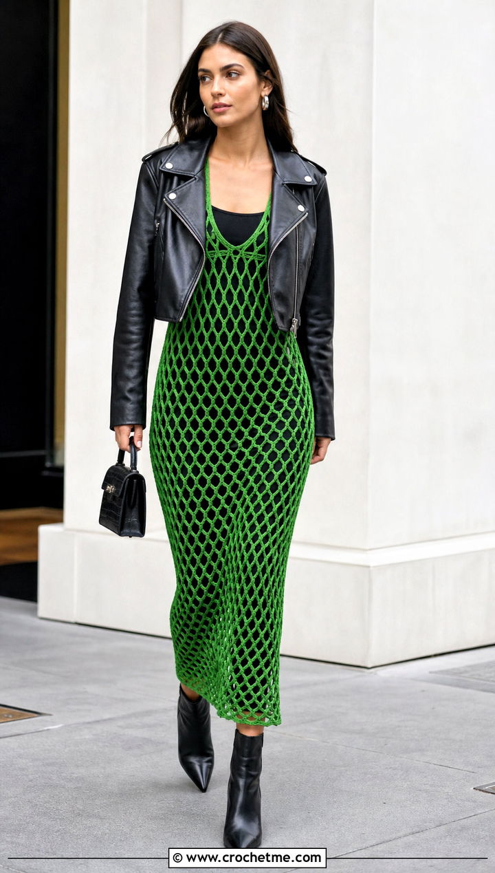 Crochet Net Tank Dress With Leather Jacket - 25 crochet net dress outfit ideas