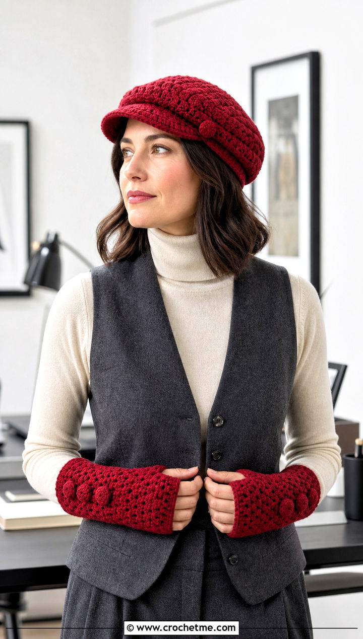 Crochet Newsboy Cap And Buttoned Hand Warmers With Vest Suit - 15 Crochet Hat With Hand Warmer outfit ideas