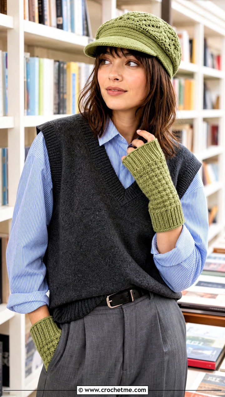 Crochet Newsboy Cap And Fingerless Mitts With Sweater Vest - 15 Crochet Hat And Gloves outfit ideas