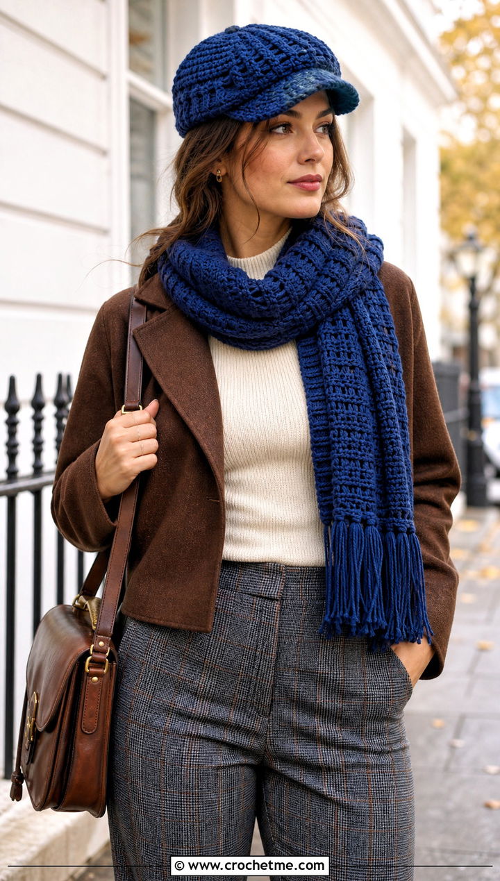 Crochet Newsboy Cap And Fringe Scarf With Plaid Trousers - 25 crochet hat scarf outfit ideas