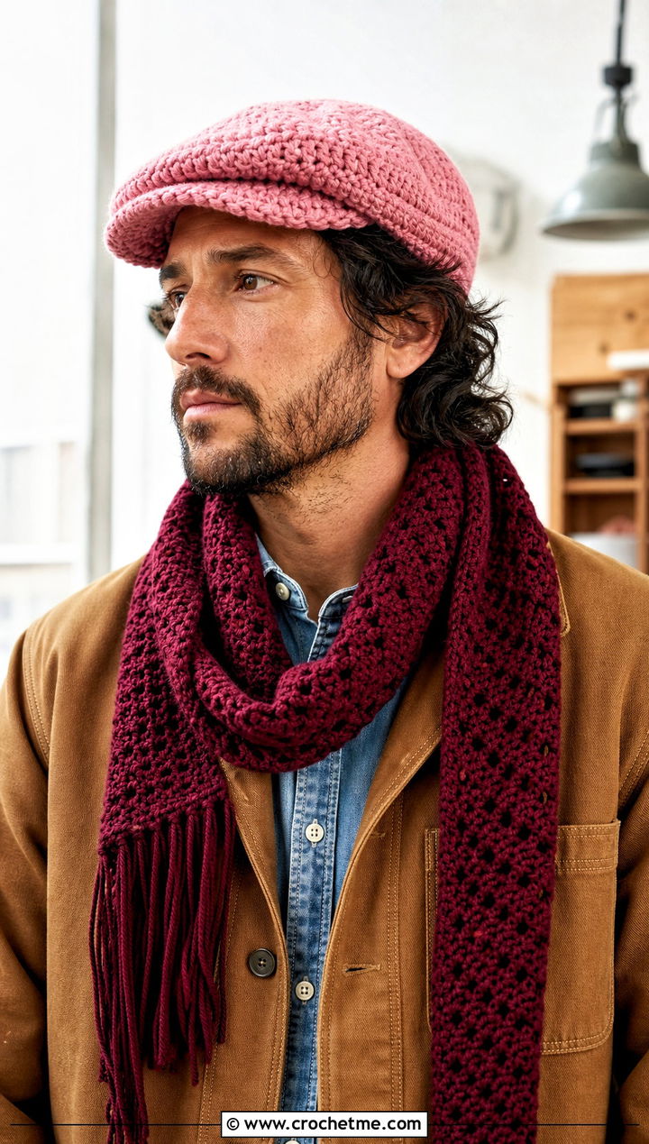 Crochet Newsboy Cap And Fringed Scarf With Chore Jacket - 15 Mens Crochet Hat And Scarf outfit ideas