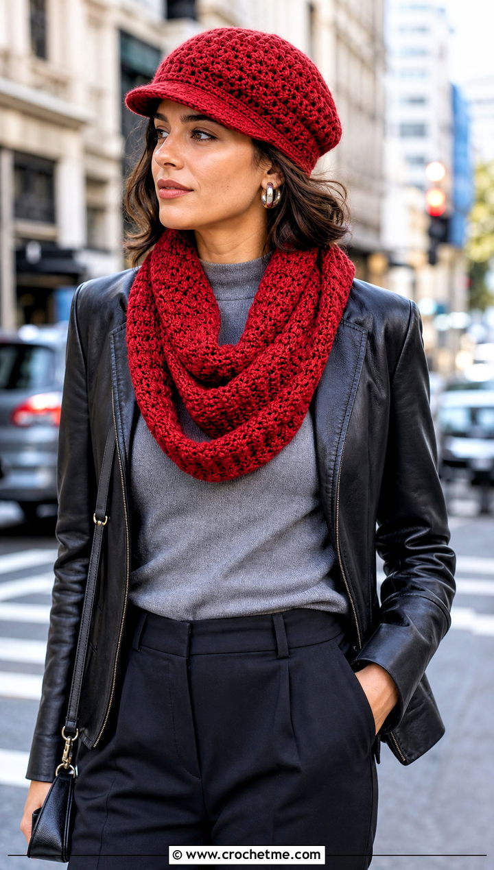 Crochet Newsboy Cap And Loop Scarf With Leather Jacket - 25 crochet scarf hat combo outfit ideas