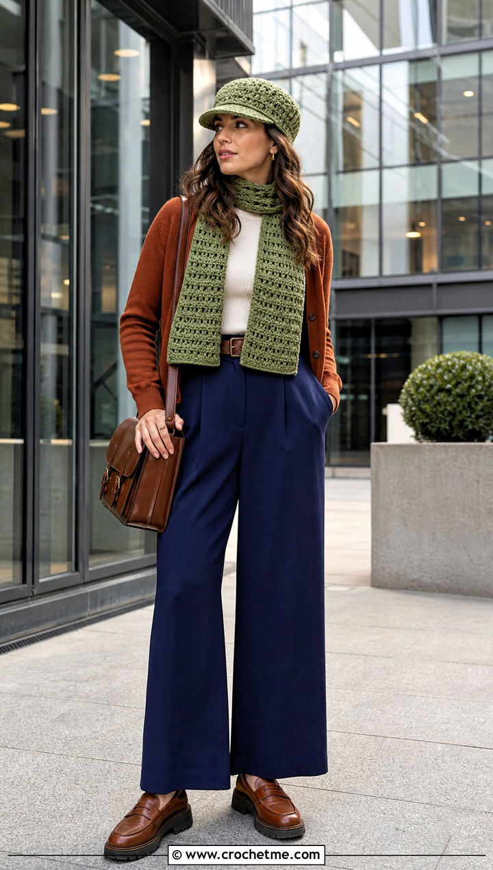 Crochet Newsboy Cap And Rectangular Scarf With Wide Leg Trousers - 35 crochet hat and scarf set outfit ideas