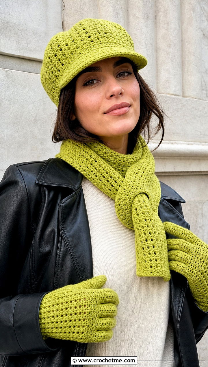 Crochet Newsboy Cap Keyhole Scarf And Gloves With Leather Jacket - 25 crochet hat scarf gloves set outfit ideas