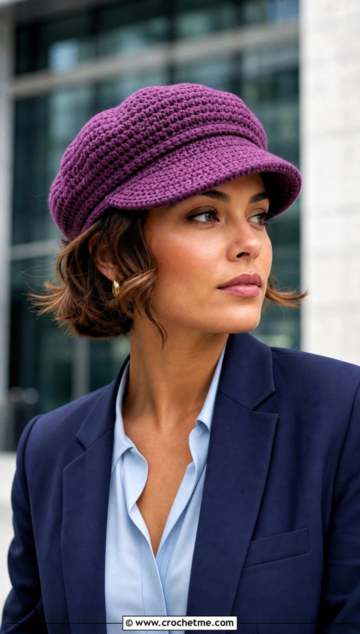Crochet Newsboy Cap With Blazer And Ankle Pants - 35 women crochet hat outfit ideas