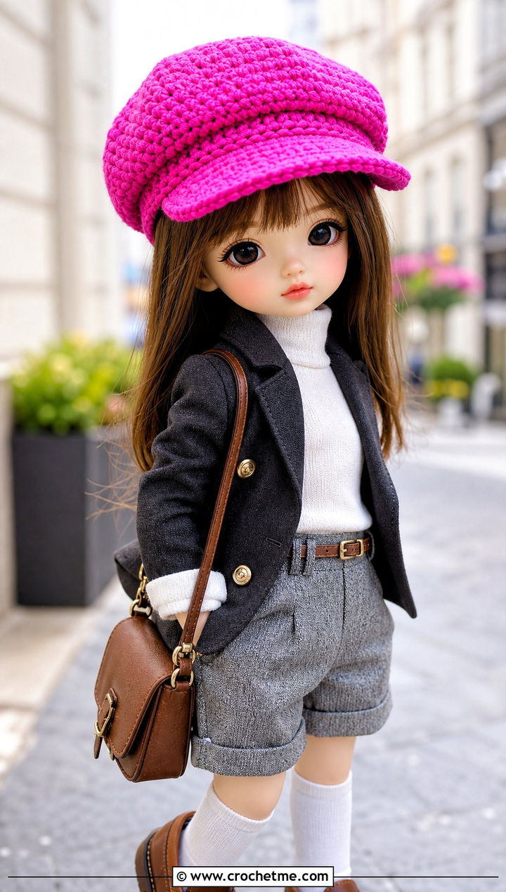 Crochet Newsboy Cap With Blazer And Tailored Shorts - 35 crochet hat for doll outfit ideas