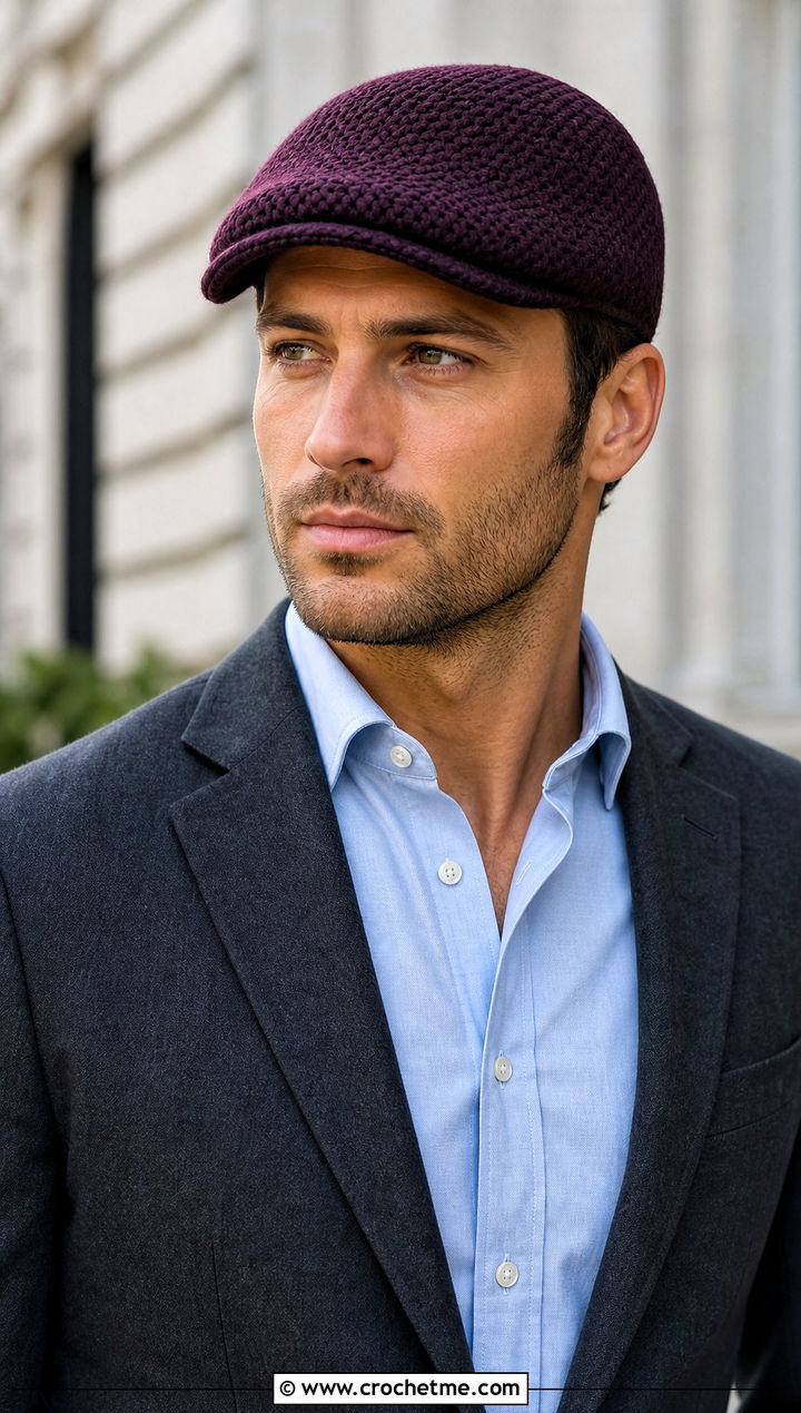 Crochet Newsboy Cap With Blazer And Trousers - 15 Crochet Men's Hats outfit ideas
