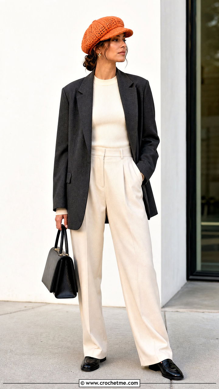 Crochet Newsboy Cap With Blazer And Trousers - 35 crochet cap outfit ideas