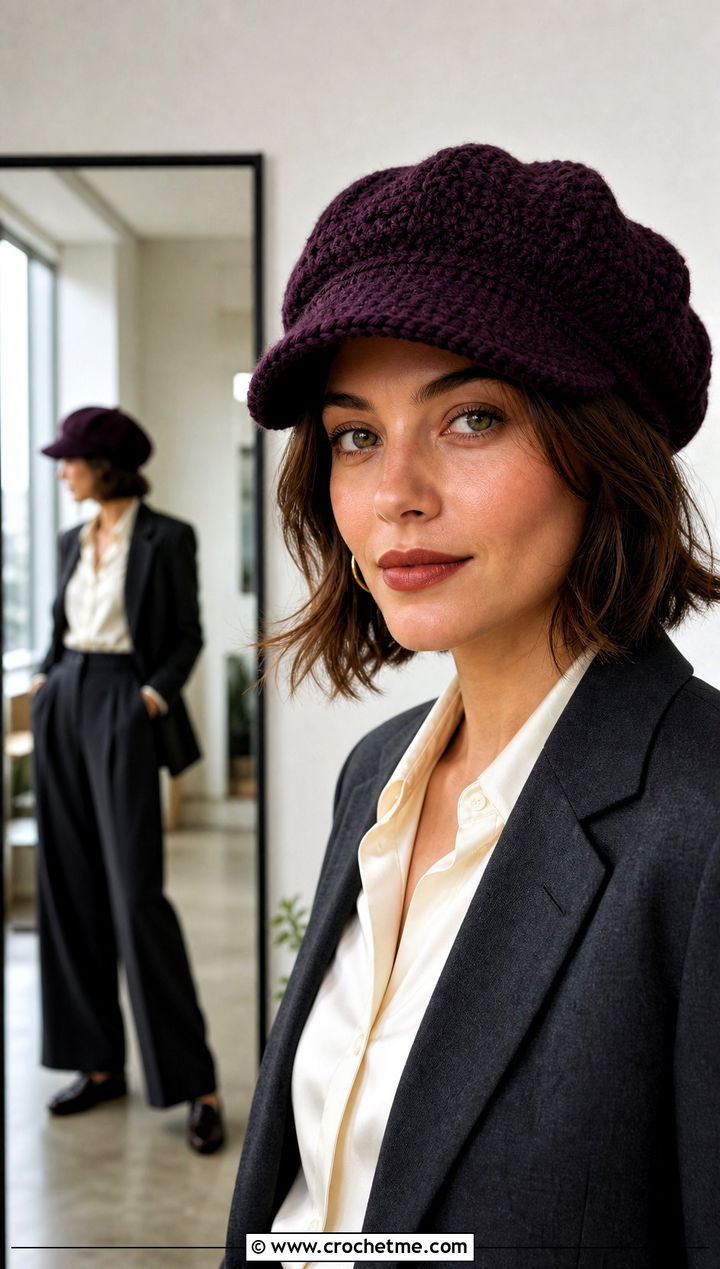 Crochet Newsboy Cap With Blouse And Trousers - 25 Taylor Swift Crochet Hat outfit ideas