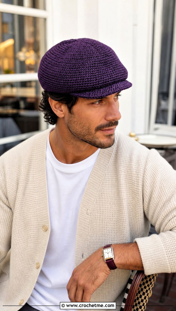 Crochet Newsboy Cap With Cardigan - 15 Crochet Mens Hats outfit ideas